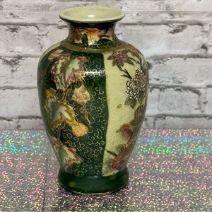 Vase Floral Design Decor Green Cream Gold Accents 6 Inches Tall